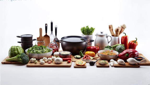 A wide variety of fresh vegetables and ingredients are arranged on a wooden table