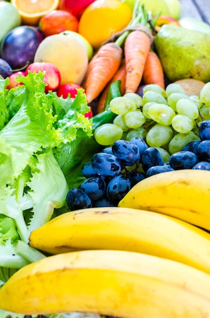 Wide variety of fruits and vegetables closeup