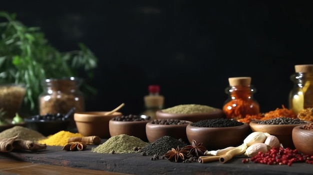 Wide variety spices and herbs AI generated image