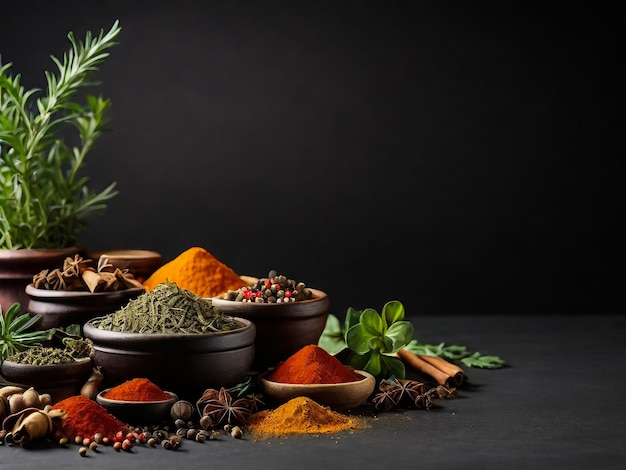 Wide variety spices and herbs on background of black table with empty space for text or label