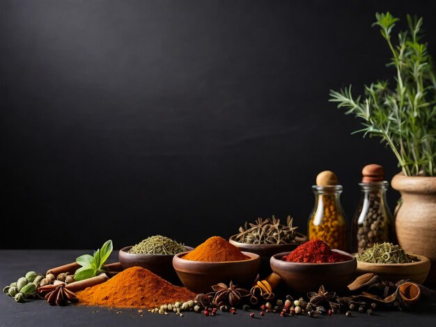 Wide variety spices and herbs on background of black table with empty space for text or label