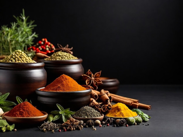 Wide variety spices and herbs on background of black table with empty space for text or label