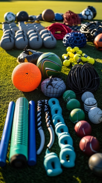 Photo a wide variety of sports equipment is laid out on the grass