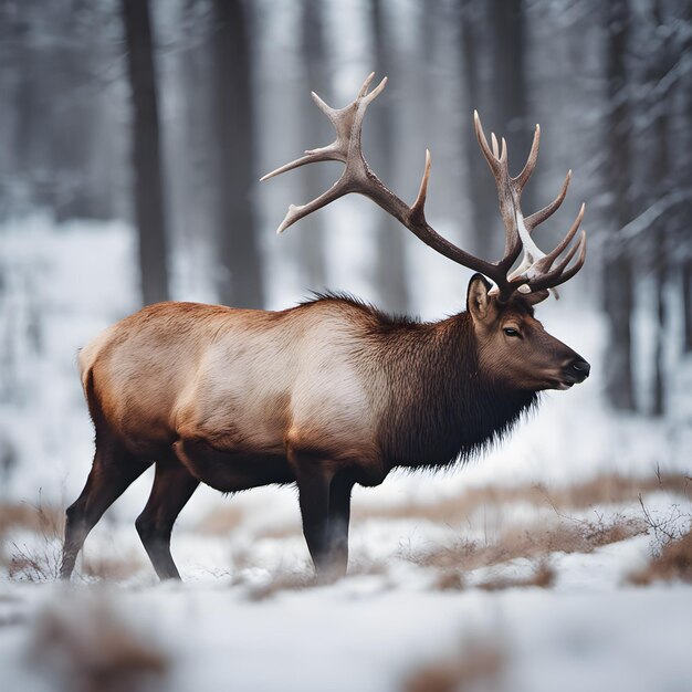 wide view of elk with winter nature landscape