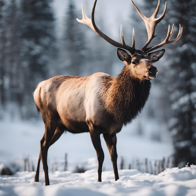 wide view of elk with winter nature landscape