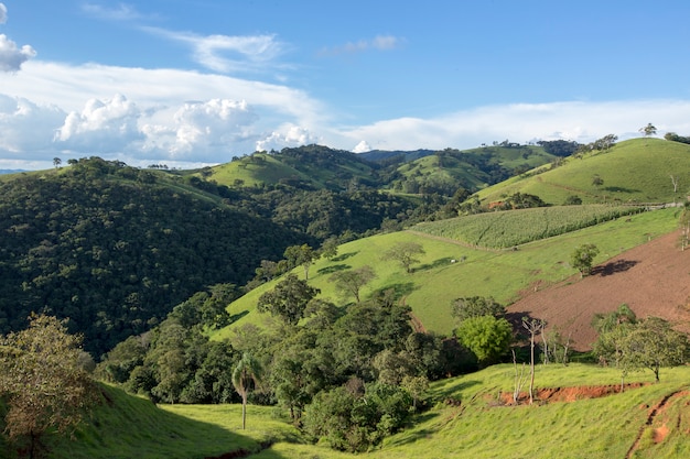 Wide view of the green hills of the Serra da Mantiqueira, in the state of Minas Gerais, Brazil