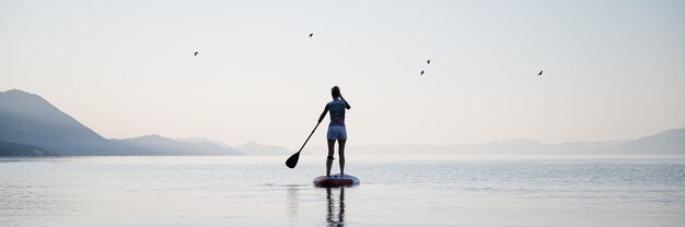 穏やかな朝の海水でスタンドアップパドルボードを漕ぐ若い女性のワイドビュー画像。背面図。