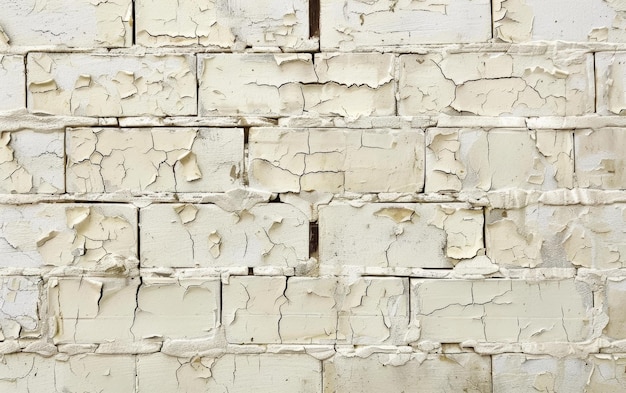Wide view of an old white brick wall with substantial paint peeling emphasizing the texture and pattern
