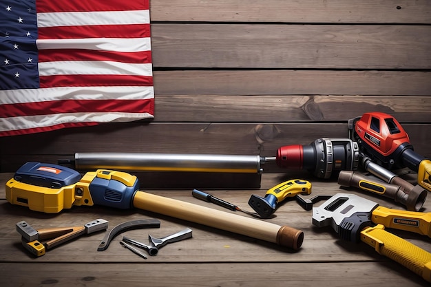 Foto ampia vista di strumenti di costruzione e bandiera americana su sfondo di legno concetto di giorno del lavoro