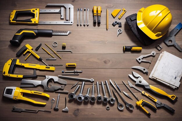 Wide view shot of a construction tools on wooden background labor day concept