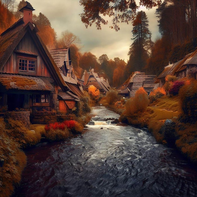 A wide view of small village in autumn with small river oil paint style