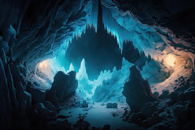 A wide view of a vast frozen cavern with ice stalactites and stalagmites illuminated by the glow of