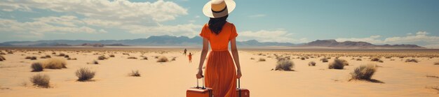 Широкий вид женщины, тянущей свой багаж и идущей по открытому полю