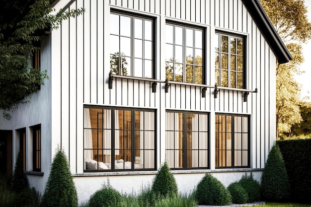 Wide white aluminium windows with vertical bars and wooden railings on house generative ai