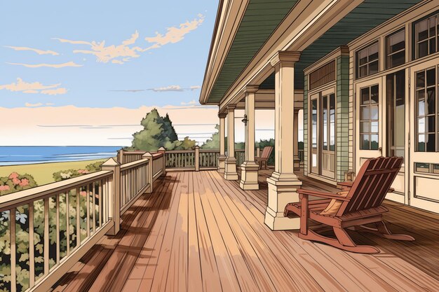 Photo wide woodplank veranda of a shinglestyle seafront house magazine style illustration