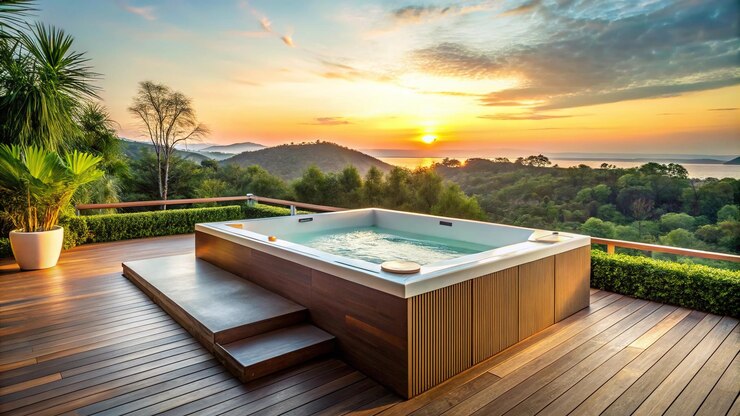 Photo wideangle luxury bathtub jacuzzi for therapeutic massage and relaxation outside