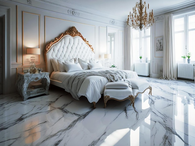 wideangle photo of bedroom for a photographer Blue marble floor romantic