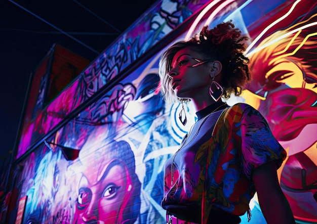 Photo a wideangle shot of an actress in a street artinspired set surrounded by vibrant graffiti and