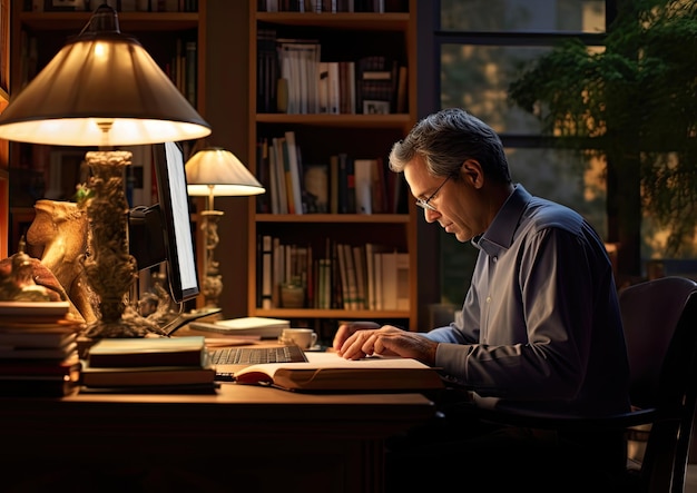 A wideangle shot of an advisor working in a cozy home office surrounded by bookshelves filled