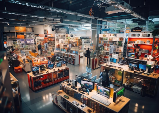 A wideangle shot of a bustling electronics store filled with rows of neatly arranged shelves