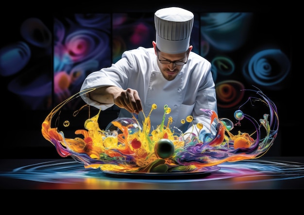 A wideangle shot of a chef plating a dish in a modern avantgarde style with abstract