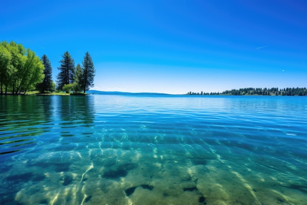 Wideangle shot of a clear blue sky over a peaceful lake