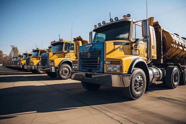 Wideangle shot of a dump truck fleet parked at a depot Best Dump truck image