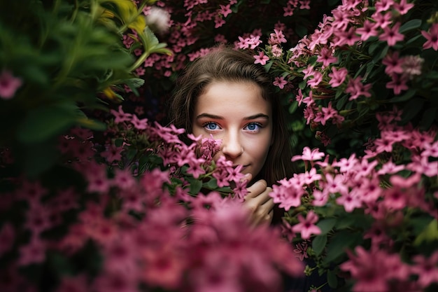 Wideangle shot of girl surrounded by flowers and greenery with her face peeking through the blooms