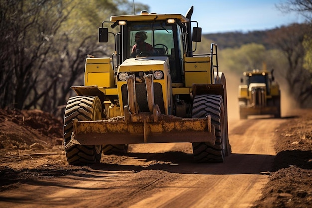 Wideangle shot of a grader smoothing out a dirt road Best grader image