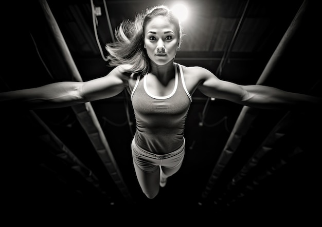 Photo a wideangle shot of a gymnast suspended midair during a vault captured from a low angle to