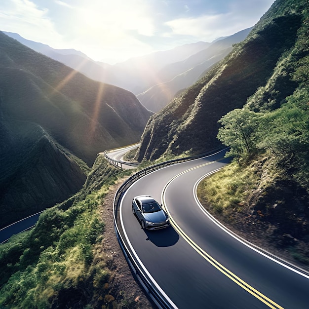 Wideangle shot of a selfdriving car on a winding mountain road with a breathtaking natural landsc