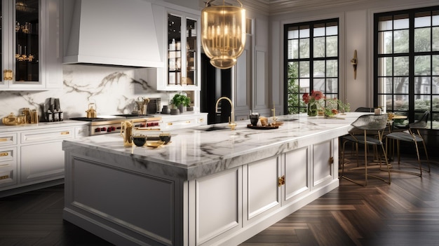 A wideangle shot showcasing a luxurious kitchen with a massive marbletopped island as