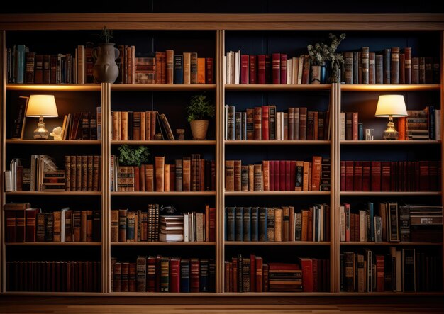 Photo a wideangle shot of a writer's bookshelf filled with books of various genres and styles the