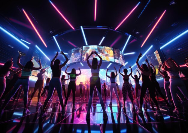 A wideangle shot of a zumba class in a futuristic setting with neon lights and holographic