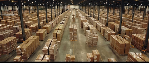 A Wideangle view of a contemporary warehouse interior filled with rows of packed cardboard boxes