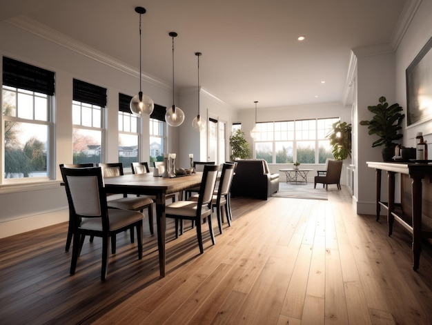 Wideangle view of a dining room with hardwood floors a dining table that matches the room and natural light that shines through windows