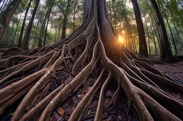 새벽에 열대우림 나무 뿌리의 광각 시각은 생성 AI로 만들어졌습니다.