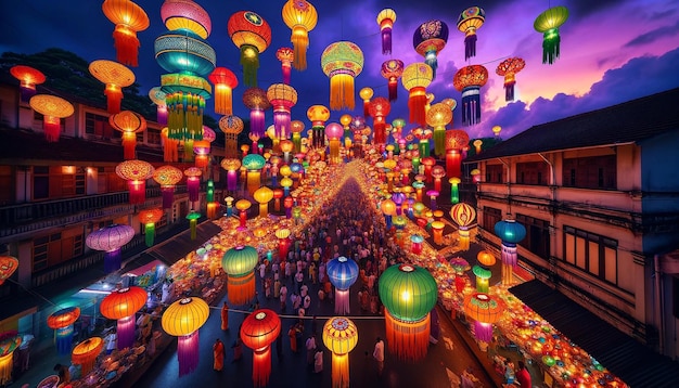 A wideangle view showcasing a myriad of Vesak lanterns