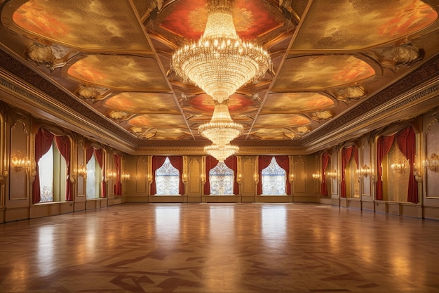 Wideangle view of spacious glittering ballroom created with generative ai
