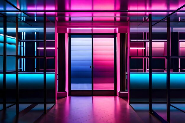 A wideeyed shot of light bluing and pink light of an evacuate shopfront of shop AI Generated