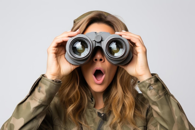 WideEyed Woman with Binoculars on White