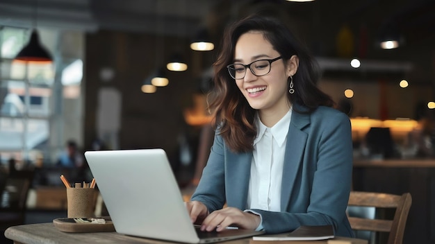 Widely smiling businesswoman working on laptop sitting in a cafe