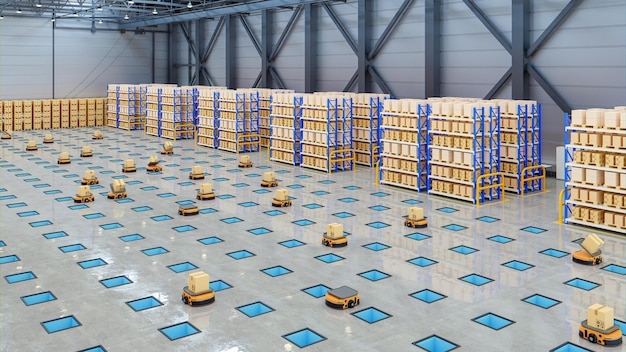 Widely used parcel sorting robot system using AMR, AGV with tilt tray.3d rendering