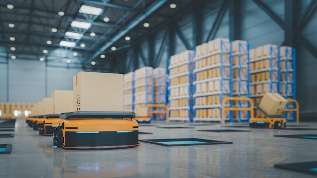 Widely used parcel sorting robot system using AMR, AGV with tilt tray.3D rendering