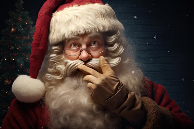 wideshot santa claus gesturing shhhh and finger on face Generative AI