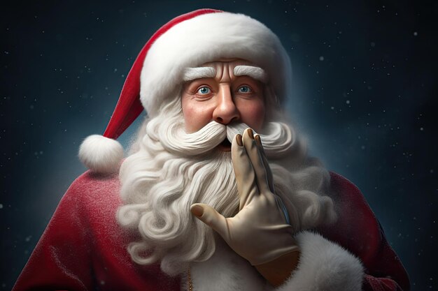 Photo wideshot santa claus gesturing shhhh and finger on face generative ai