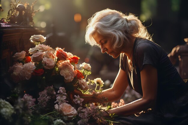 未亡人が夫の墓に花を持っていく