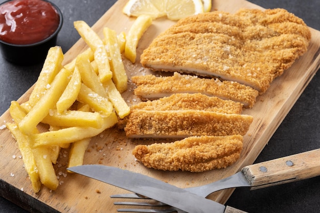 Wiener schnitzel met gebakken aardappelen op zwarte achtergrond