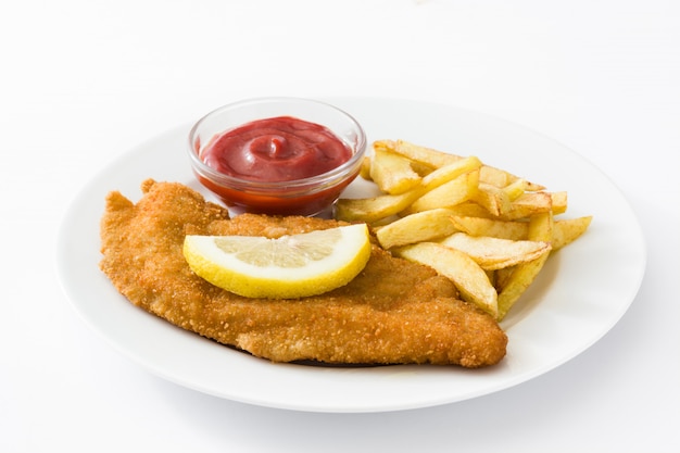 Wiener schnitzel with fried potatoes isolated on white