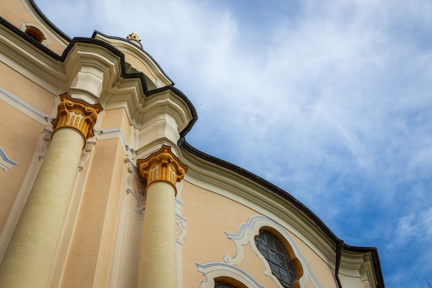 Wieskirche Pilgrimage Church with clody blue sky  in Bavaria, Germany
